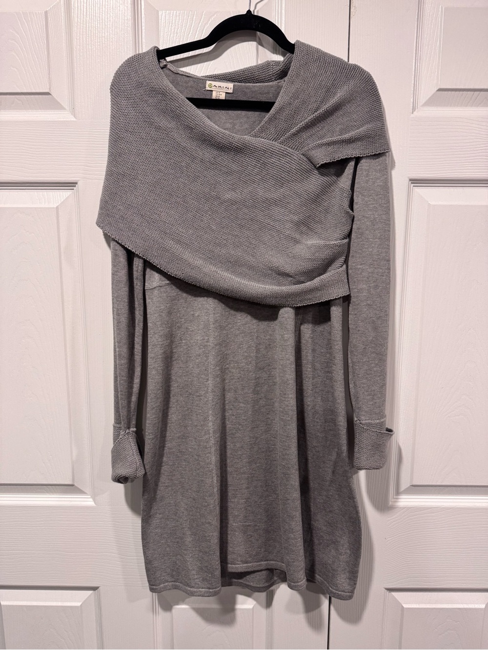 Dakini Gray Knit Draped Wrap Long Sleeve Dress